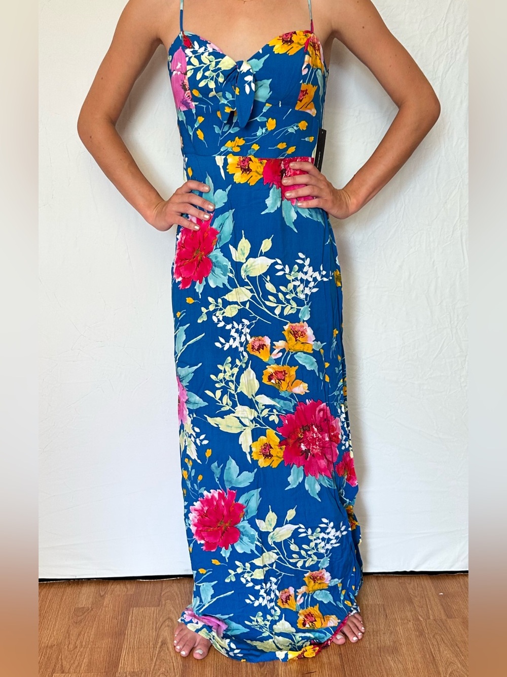 Lulu's Blue Floral Maxi Dress with Spaghetti Straps